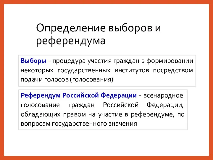 Определение выборов и референдума Выборы - процедура участия граждан в формировании