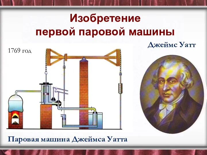 Изобретение первой паровой машины Джеймс Уатт Паровая машина Джеймса Уатта 1769 год