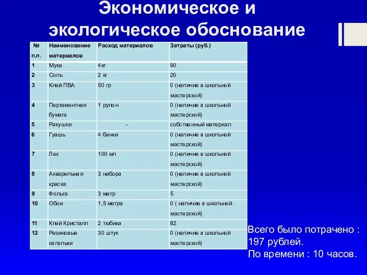 Экономическое и экологическое обоснование Всего было потрачено : 197 рублей. По времени : 10 часов.