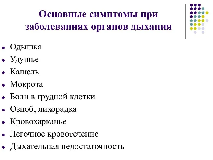 Основные симптомы при заболеваниях органов дыхания Одышка Удушье Кашель Мокрота Боли