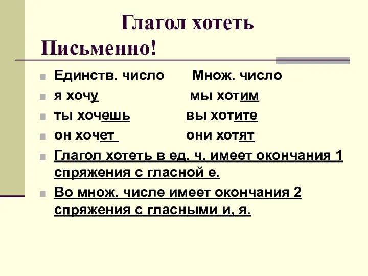 Глагол хотеть Письменно! Единств. число Множ. число я хочу мы хотим