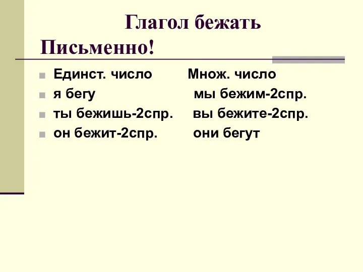 Глагол бежать Письменно! Единст. число Множ. число я бегу мы бежим-2спр.