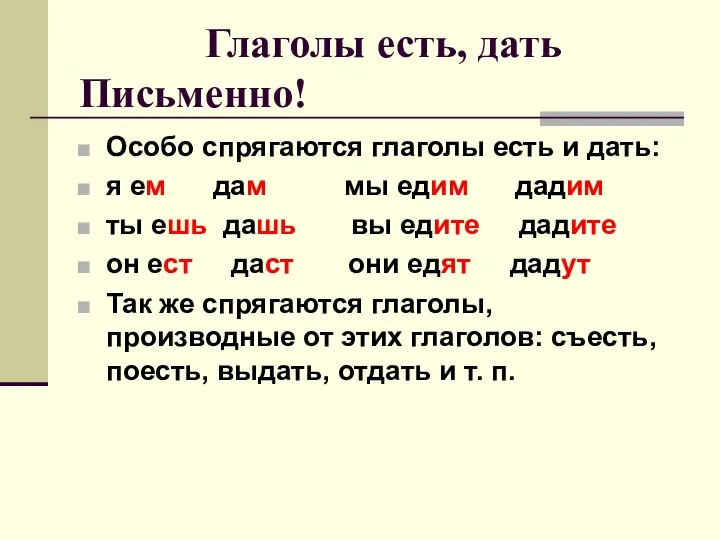 Глаголы есть, дать Письменно! Особо спрягаются глаголы есть и дать: я