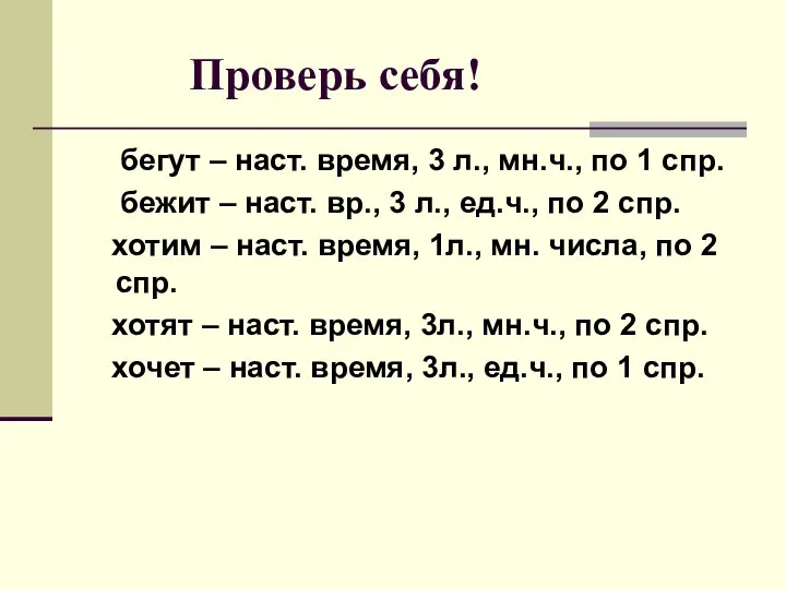 Проверь себя! бегут – наст. время, 3 л., мн.ч., по 1