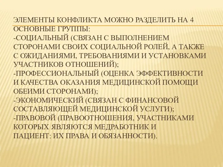 ЭЛЕМЕНТЫ КОНФЛИКТА МОЖНО РАЗДЕЛИТЬ НА 4 ОСНОВНЫЕ ГРУППЫ: -СОЦИАЛЬНЫЙ (СВЯЗАН С