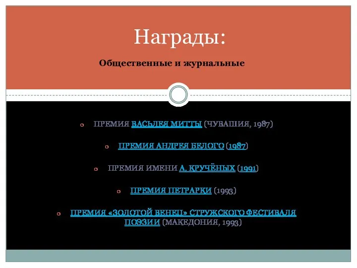 ПРЕМИЯ ВАСЬЛЕЯ МИТТЫ (ЧУВАШИЯ, 1987) ПРЕМИЯ АНДРЕЯ БЕЛОГО (1987) ПРЕМИЯ ИМЕНИ