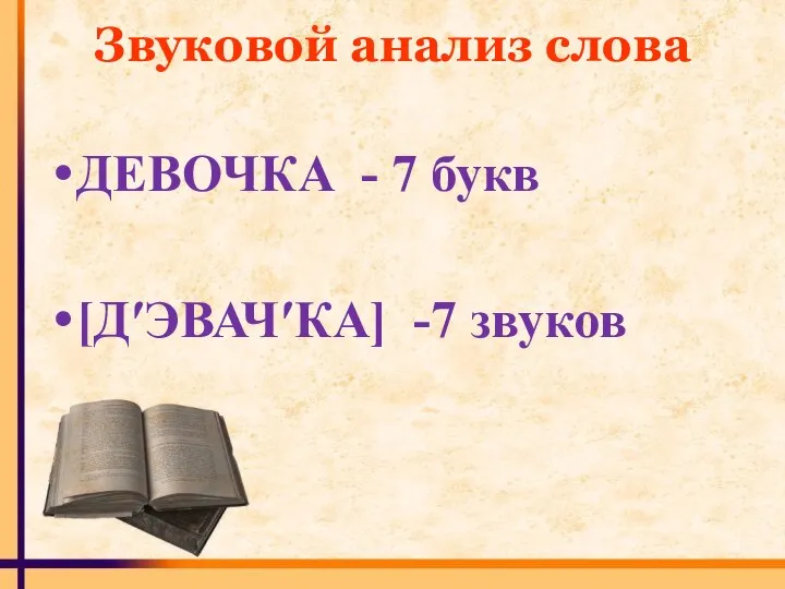 Звуковой анализ слова ДЕВОЧКА - 7 букв [Д′ЭВАЧ′КА] -7 звуков