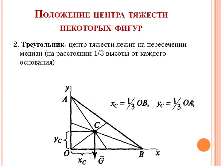 Положение центра тяжести некоторых фигур 2. Треугольник- центр тяжести лежит на