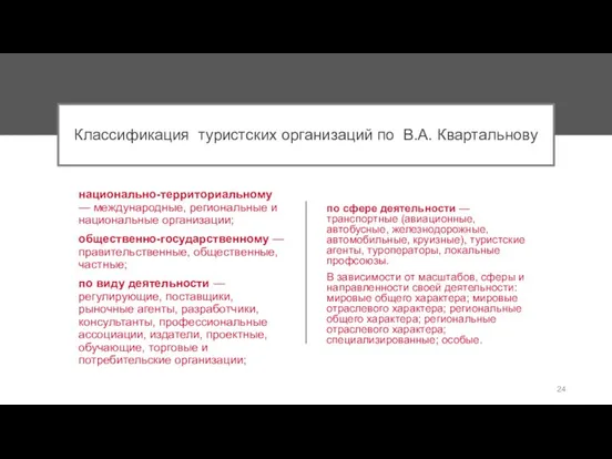 Классификация туристских организаций по В.А. Квартальнову национально-территориальному — международные, региональные и