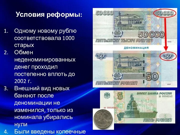 Условия реформы: Одному новому рублю соответствовала 1000 старых Обмен неденоминированных денег