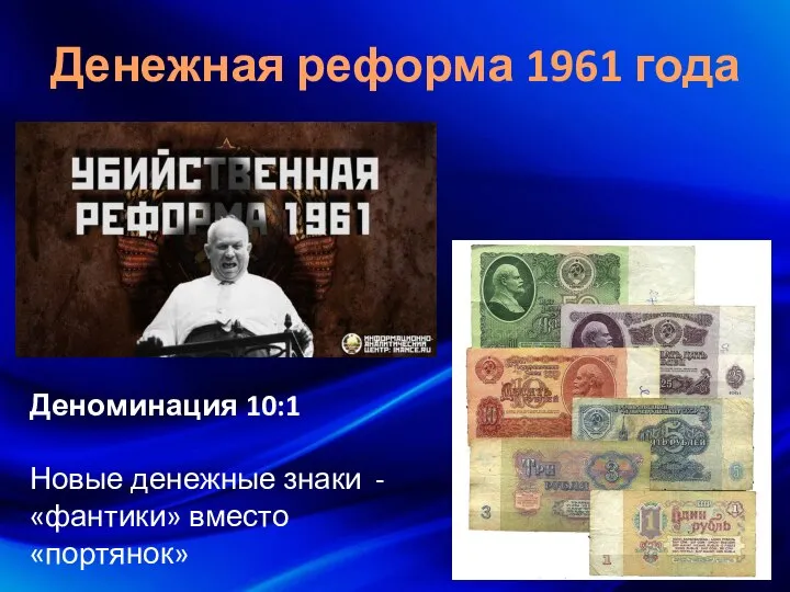 Денежная реформа 1961 года Деноминация 10:1 Новые денежные знаки - «фантики» вместо «портянок»