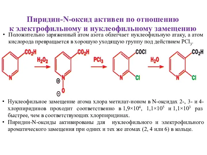 Пиридин-N-оксид активен по отношению к электрофильному и нуклеофильному замещению Положительно заряженный