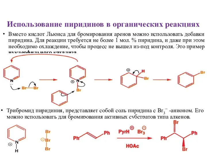 Использование пиридинов в органических реакциях Вместо кислот Льюиса для бромирования аренов