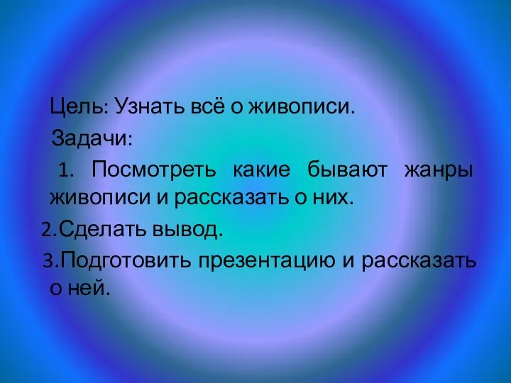 Цель: Узнать всё о живописи. Задачи: 1. Посмотреть какие бывают жанры