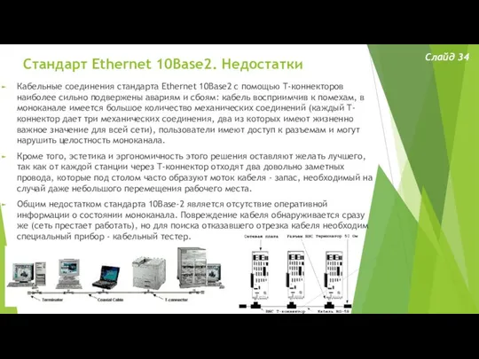 Стандарт Ethernet 10Base2. Недостатки Слайд 34 Кабельные соединения стандарта Ethernet 10Base2