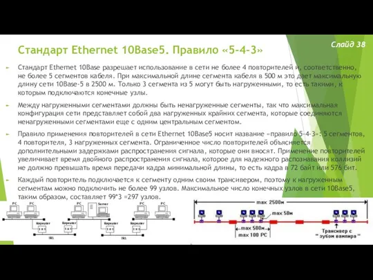 Стандарт Ethernet 10Base5. Правило «5-4-3» Слайд 38 Стандарт Ethernet 10Base разрешает