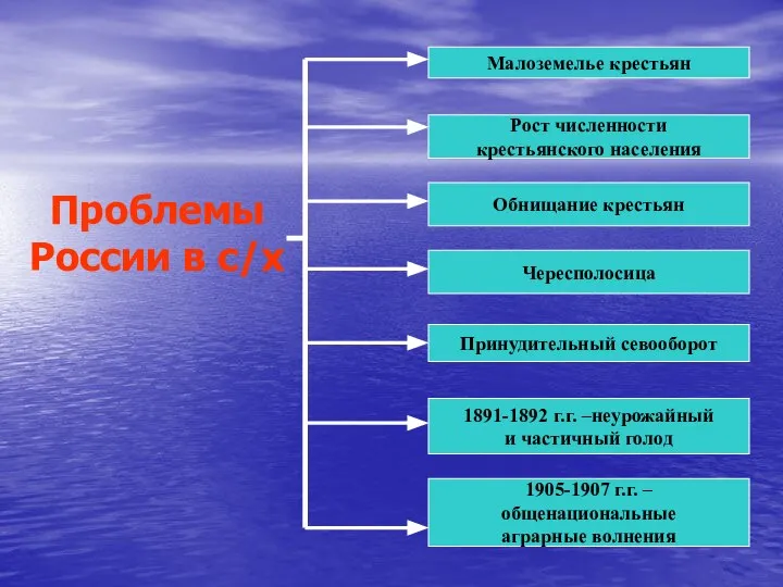 Проблемы России в с/х Принудительный севооборот Чересполосица Рост численности крестьянского населения