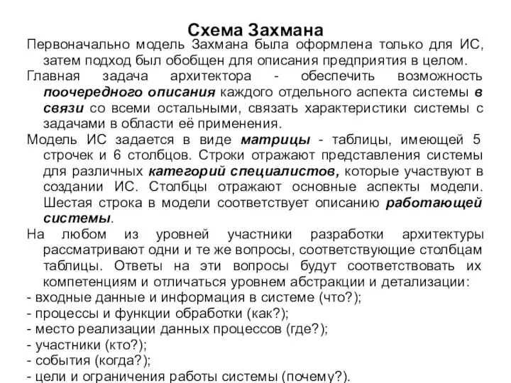 Схема Захмана Первоначально модель Захмана была оформлена только для ИС, затем