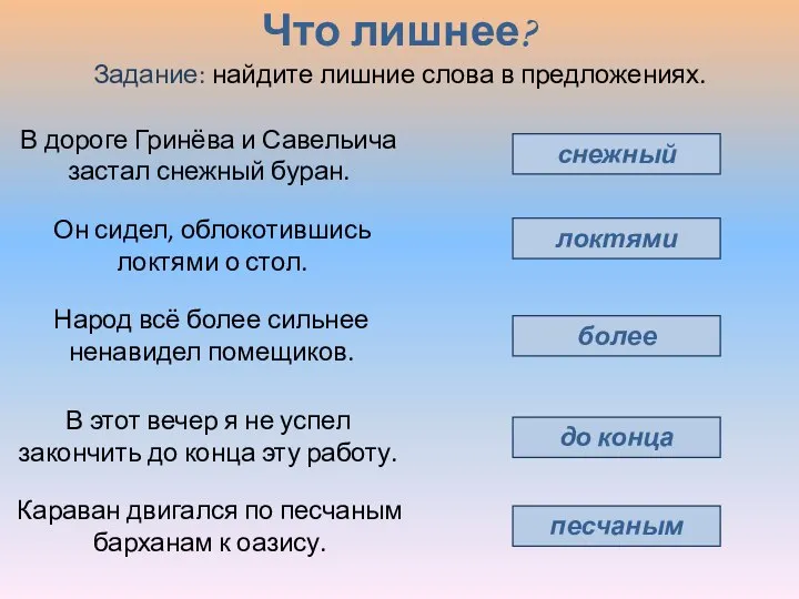 Что лишнее? снежный локтями более до конца песчаным В дороге Гринёва