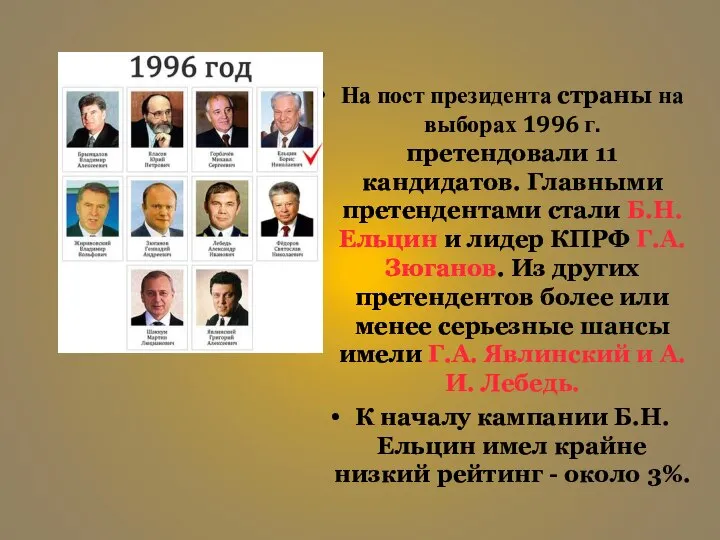 На пост президента страны на выборах 1996 г. претендовали 11 кандидатов.