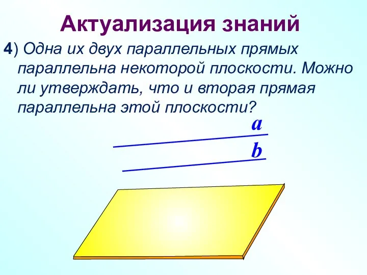 Актуализация знаний 4) Одна их двух параллельных прямых параллельна некоторой плоскости.