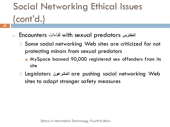 Social Networking Ethical Issues (cont’d.) Encounters لقاءات with sexual predators المفترس