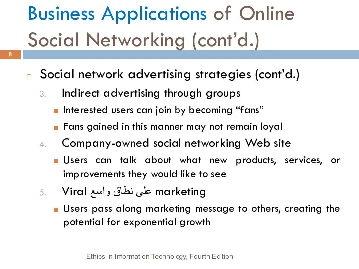 Business Applications of Online Social Networking (cont’d.) Social network advertising strategies