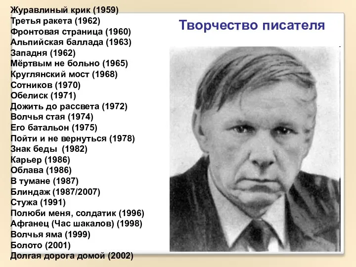 Журавлиный крик (1959) Третья ракета (1962) Фронтовая страница (1960) Альпийская баллада