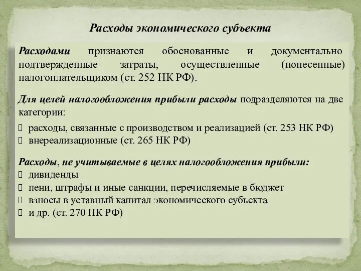 Расходами признаются обоснованные и документально подтвержденные затраты, осуществленные (понесенные) налогоплательщиком (ст.