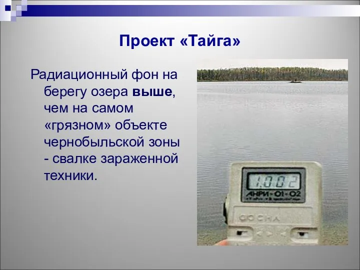 Проект «Тайга» Радиационный фон на берегу озера выше, чем на самом