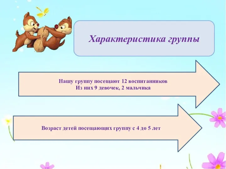 Характеристика группы Нашу группу посещают 12 воспитанников Из них 9 девочек,