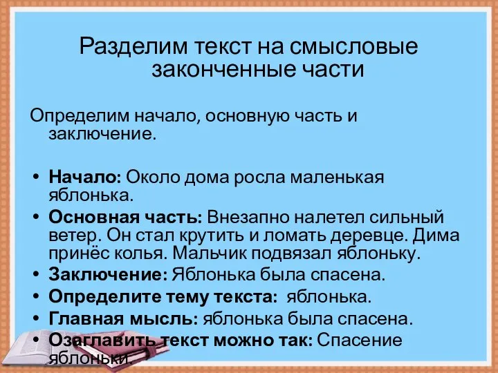 Разделим текст на смысловые законченные части Определим начало, основную часть и