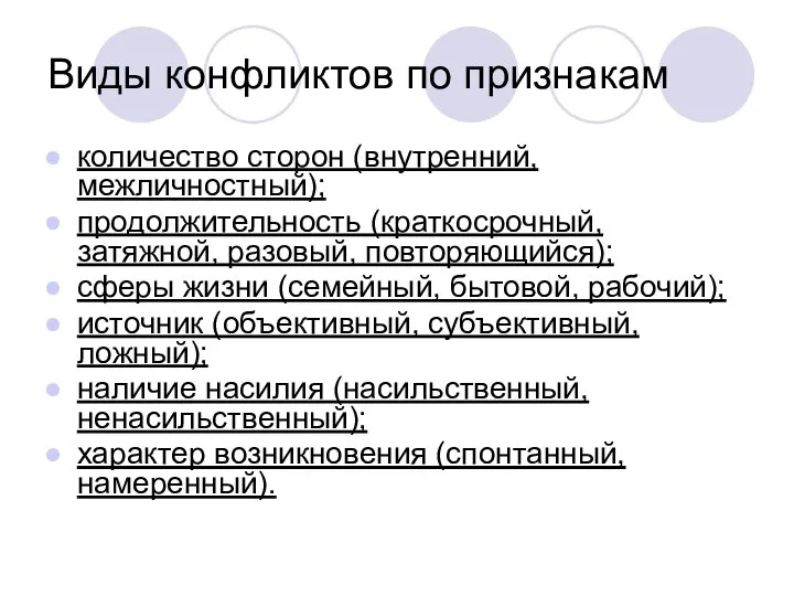 Виды конфликтов по признакам количество сторон (внутренний, межличностный); продолжительность (краткосрочный, затяжной,