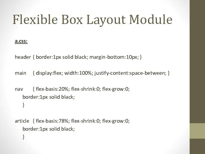 Flexible Box Layout Module a.css: header { border:1px solid black; margin-bottom:10px;