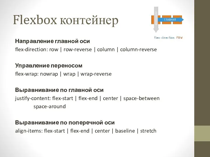 Flexbox контейнер Направление главной оси flex-direction: row | row-reverse | column