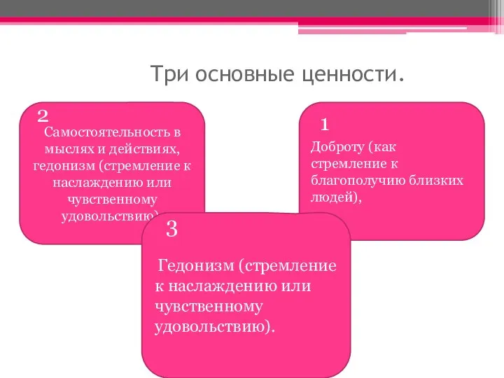 Три основные ценности. Доброту (как стремление к благополучию близких людей), Самостоятельность