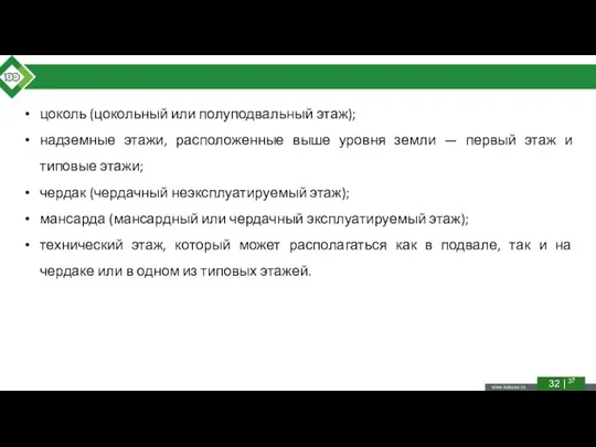 цоколь (цокольный или полуподвальный этаж); надземные этажи, расположенные выше уровня земли