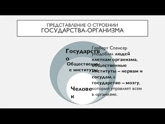 ПРЕДСТАВЛЕНИЕ О СТРОЕНИИ ГОСУДАРСТВА-ОРГАНИЗМА Человек Общественные институты Государство Герберт Спенсер уподоблял