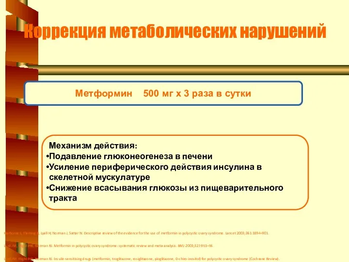 Коррекция метаболических нарушений Механизм действия: Подавление глюконеогенеза в печени Усиление периферического