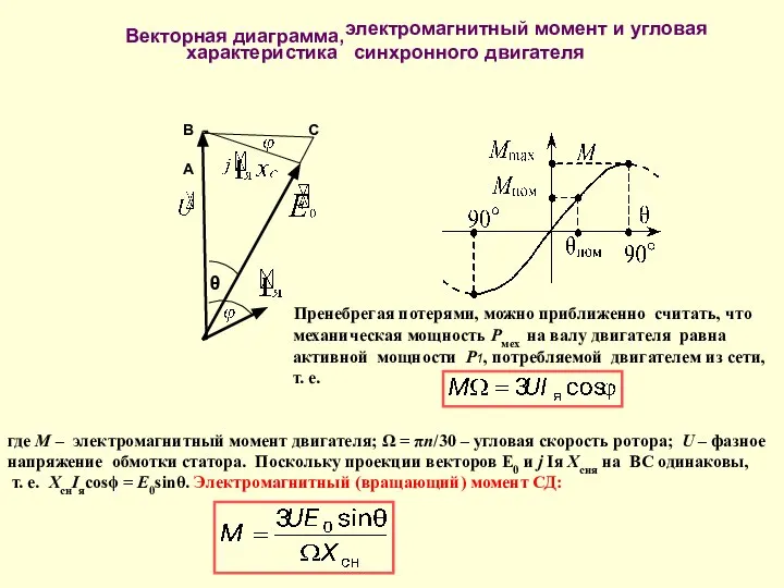 В С А θ Векторная диаграмма, Пренебрегая потерями, можно приближенно считать,