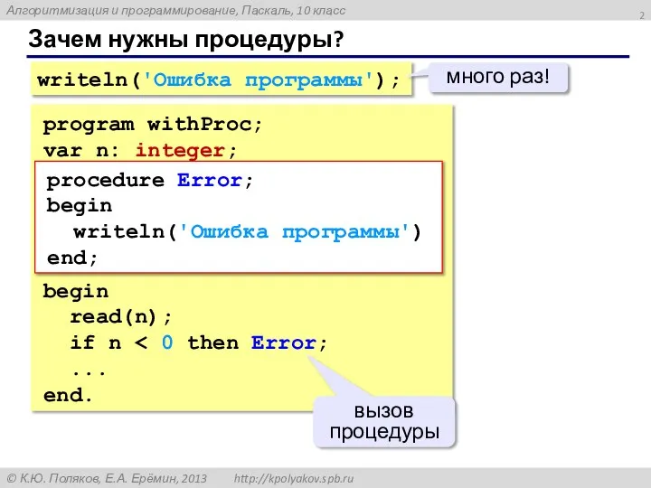 Зачем нужны процедуры? writeln('Ошибка программы'); много раз! program withProc; var n: