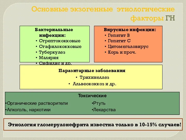 Основные экзогенные этиологические факторы ГН Этиология гломерулонефрита известна только в 10-15% случаев!