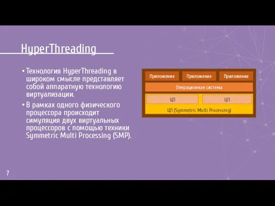 HyperThreading Технология HyperThreading в широком смысле представляет собой аппаратную технологию виртуализации.