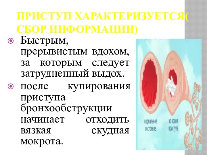 ПРИСТУП ХАРАКТЕРИЗУЕТСЯ( СБОР ИНФОРМАЦИИ) Быстрым, прерывистым вдохом, за которым следует затрудненный