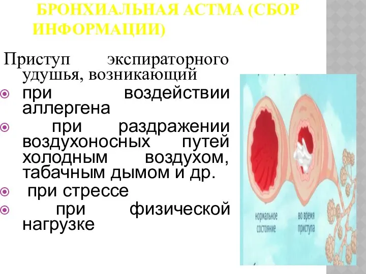 БРОНХИАЛЬНАЯ АСТМА (СБОР ИНФОРМАЦИИ) Приступ экспираторного удушья, возникающий при воздействии аллергена