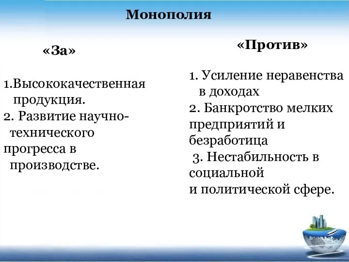 Монополия «За» «Против» 1.Высококачественная продукция. 2. Развитие научно- технического прогресса в