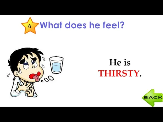 What does he feel? He is THIRSTY. 6