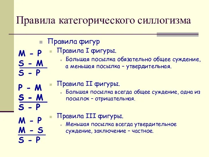 Правила фигур Правила I фигуры. Большая посылка обязательно общее суждение, а