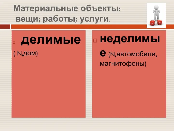 Материальные объекты: вещи; работы; услуги. делимые ( N,дом) неделимые (N,автомобили, магнитофоны)