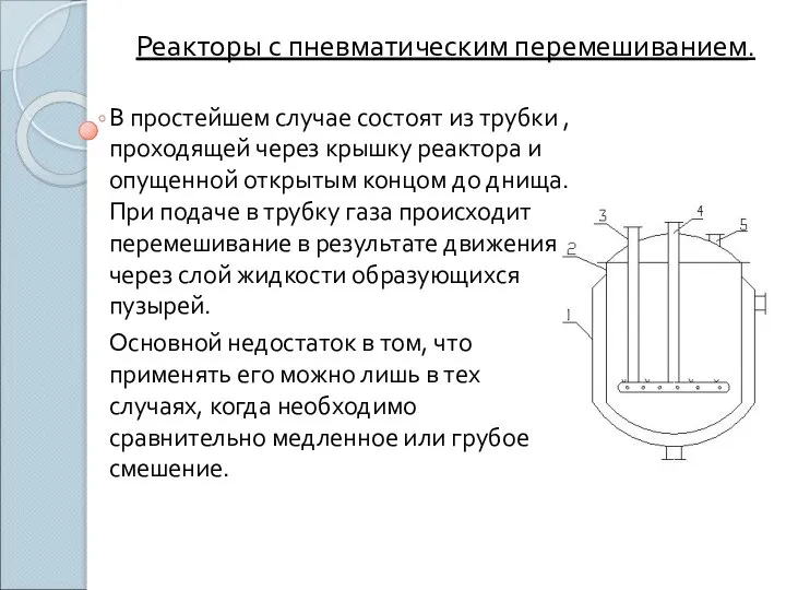 Реакторы с пневматическим перемешиванием. В простейшем случае состоят из трубки ,